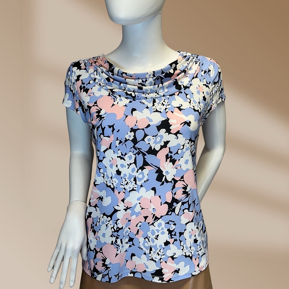 Kasper Women's Cowl Neck Black Periwinkle pink Floral Cap Sleeve Top Sz S